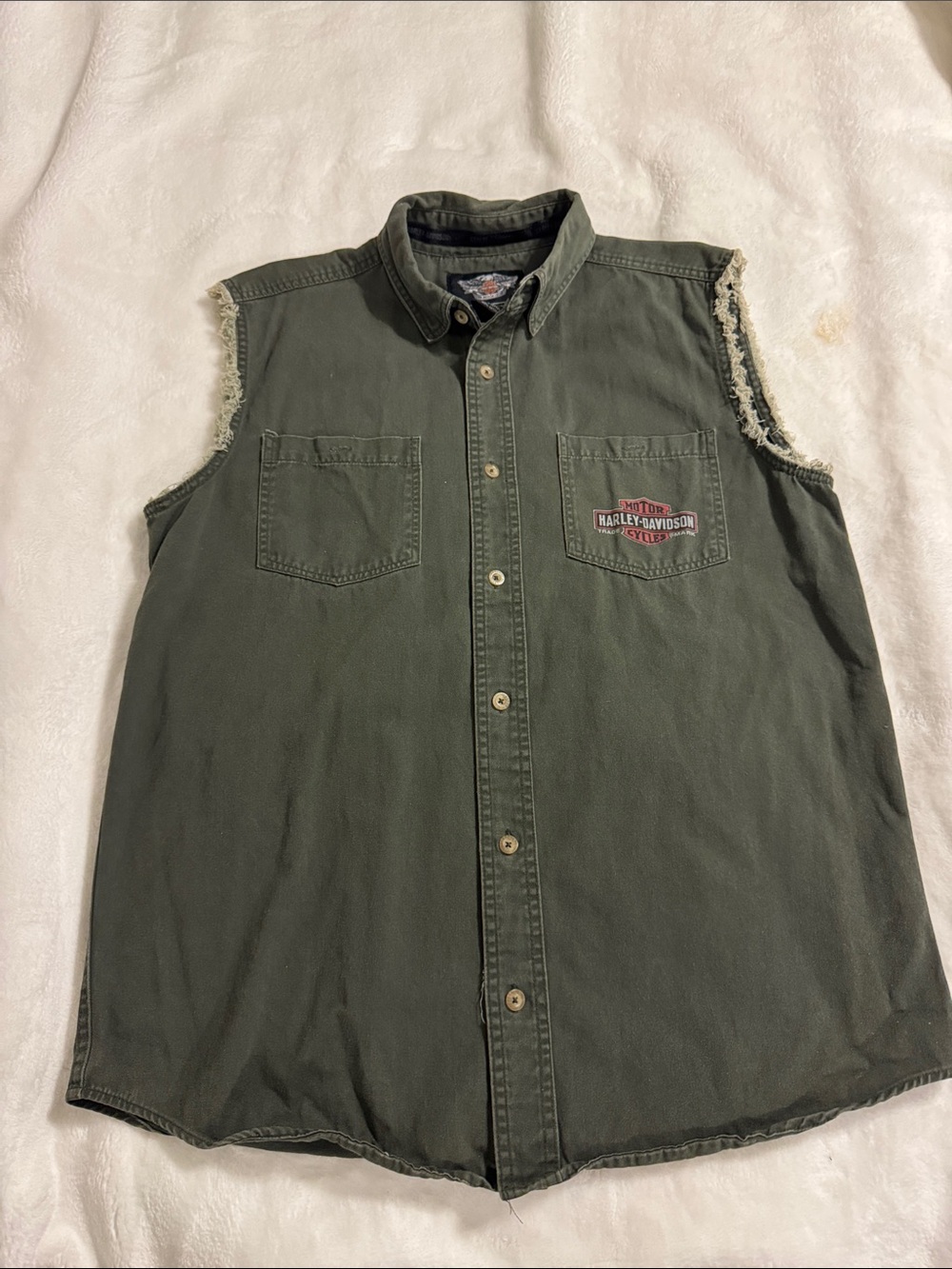 Men’s Harley-Davidson Army Green Sleeveless Button-Up Work Shirt,  Sz L